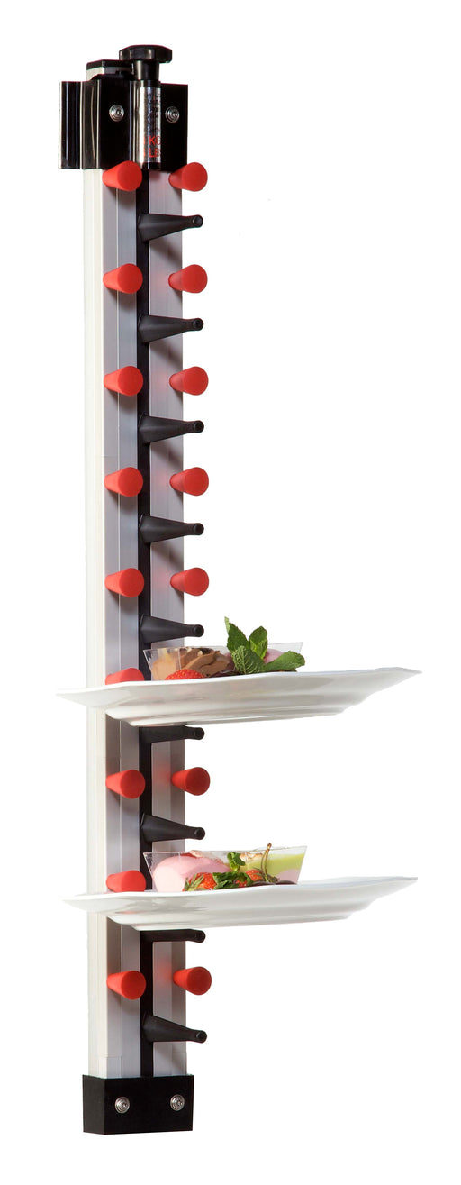 Wall-mounted stainless steel plate rack holding nine plates