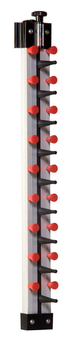 Wall-mounted stainless steel plate rack holding nine plates view 2
