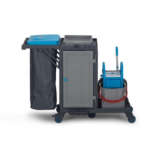 Combisteel PROCART 317 mobile cleaning trolley with mop buckets and storage drawers view 2