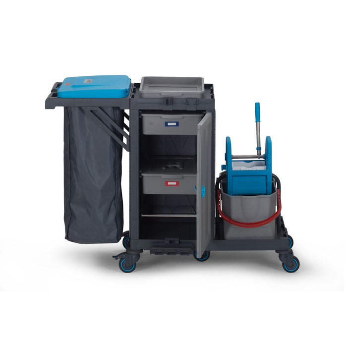 Combisteel PROCART 317 mobile cleaning trolley with mop buckets and storage drawers view 3