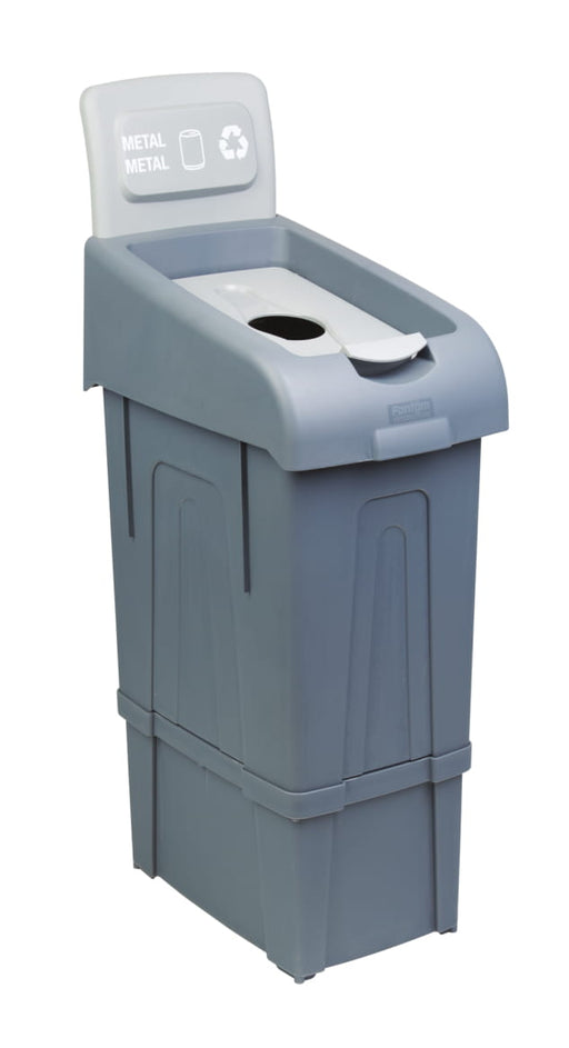 Grey metal recycling waste bin with dimensions 340mm wide, 550mm deep, 1050mm high