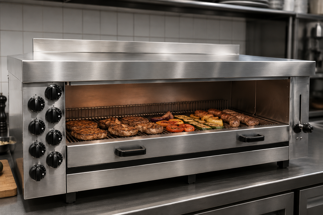 Stainless steel tabletop gas salamander grill with eight heating zones and grid view 4