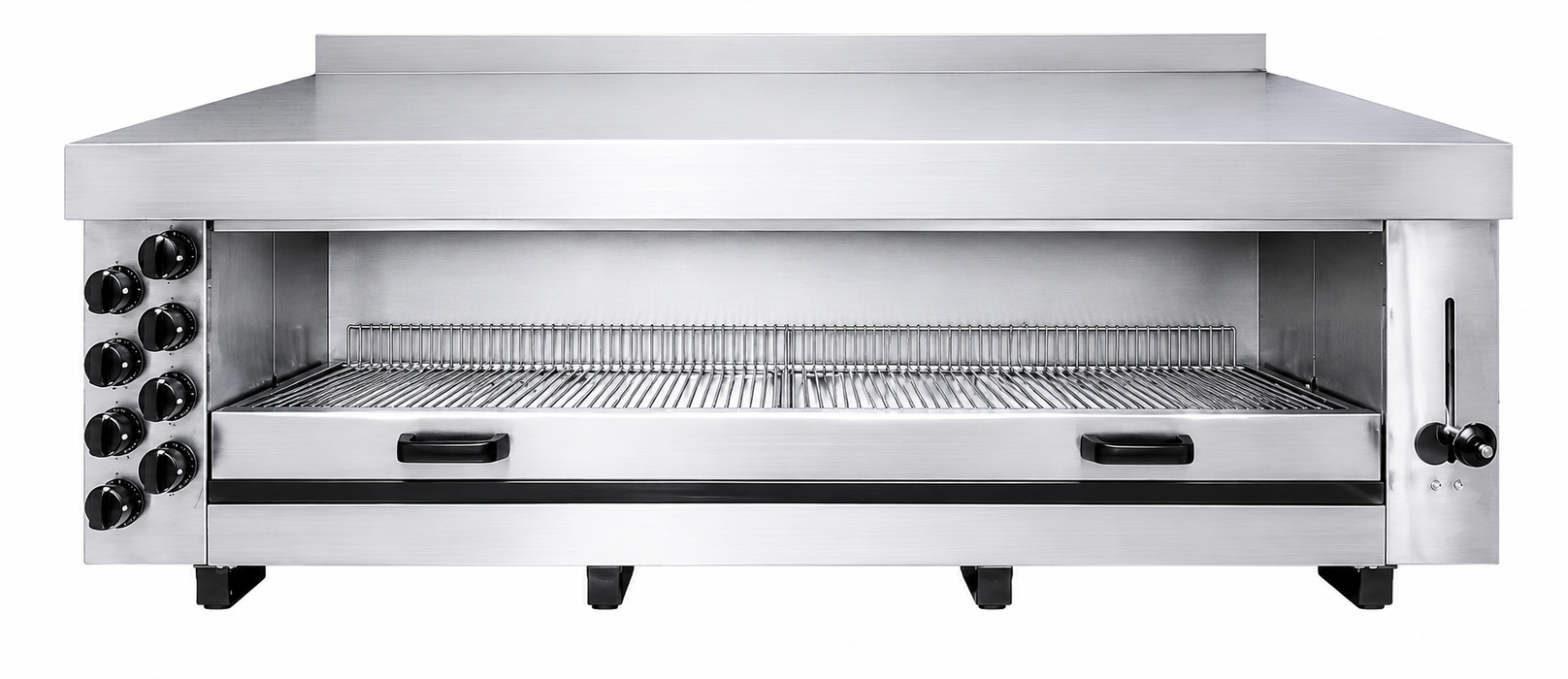 Stainless steel tabletop gas salamander grill with eight heating zones and grid