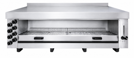 Stainless steel tabletop gas salamander grill with eight heating zones and grid