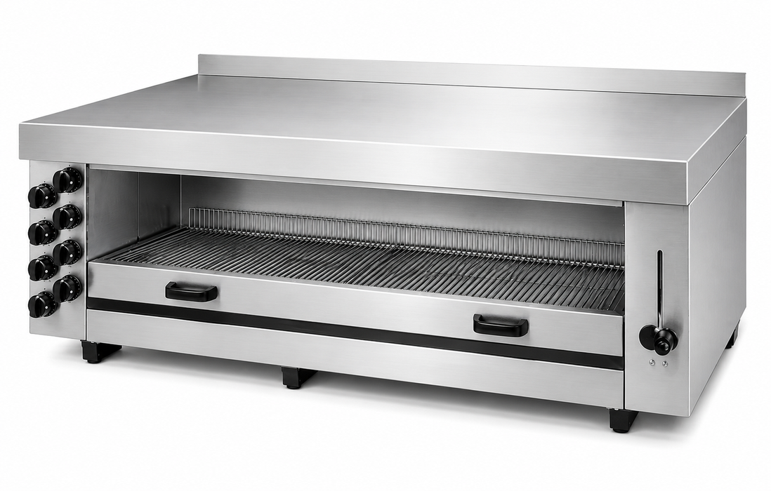 Stainless steel tabletop gas salamander grill with eight heating zones and grid view 2
