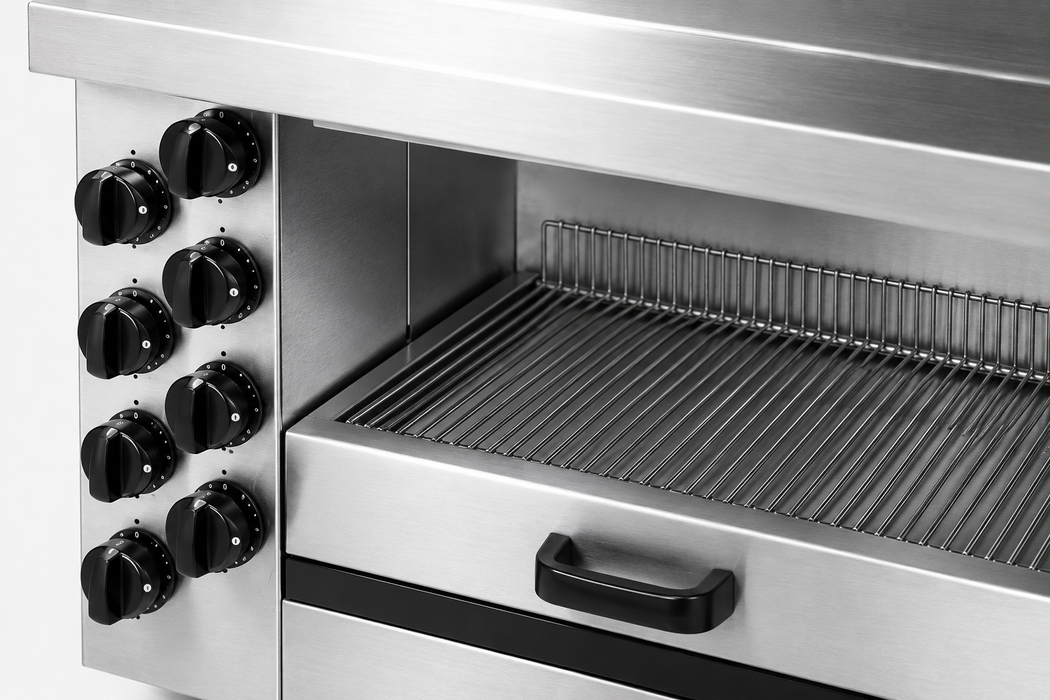 Stainless steel tabletop gas salamander grill with eight heating zones and grid view 3
