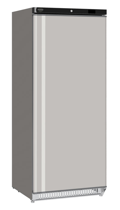 Stainless steel upright freezer with single right-hinged door and digital display panel