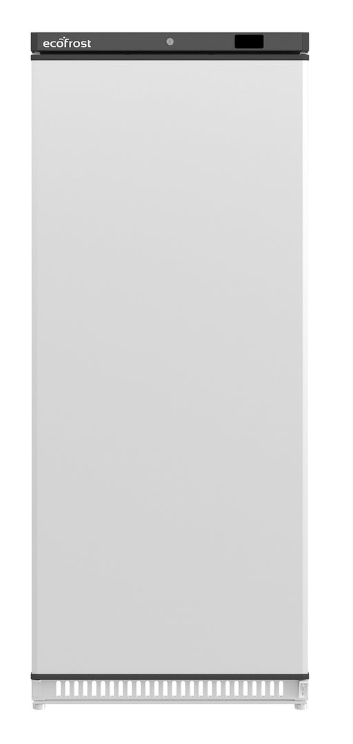 White single door upright refrigerator with digital temperature display and lockable right hand door view 2