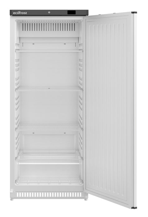 White single door upright refrigerator with digital temperature display and lockable right hand door view 3