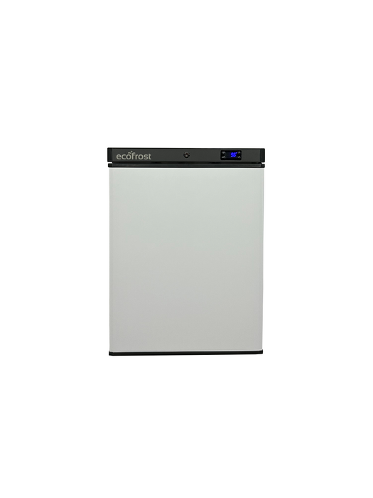White single door tabletop freezer with digital display and right-hinged door view 4