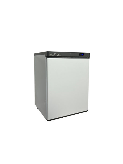 White single door tabletop freezer with digital display and right-hinged door view 5