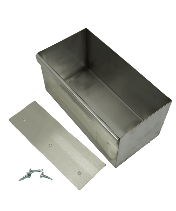 Stainless steel drip tray with welded seams and mounting bracket