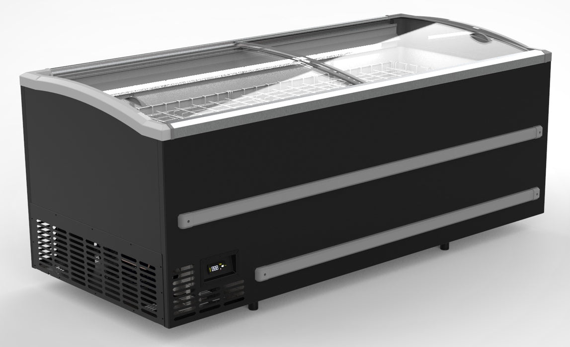 Black commercial chest freezer with LED lighting and digital controls, 2.5 metres wide