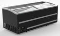 Black commercial chest freezer with LED lighting and digital controls, 2.5 metres wide