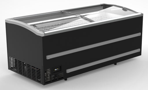 Black commercial chest freezer with LED lighting and digital controls, 2.5 metres wide