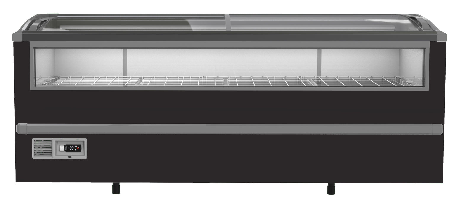 Black Combisteel chest freezer with digital display panel, front facing