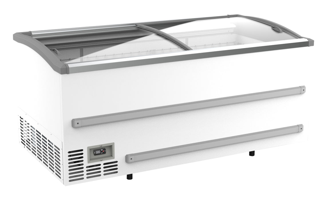White chest freezer with open lid showing internal storage capacity