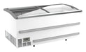 White chest freezer with open lid showing internal storage capacity