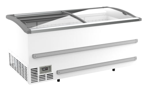 White chest freezer with open lid showing internal storage capacity