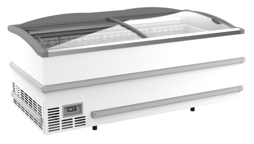 White Combisteel chest freezer with closed lid, front view, commercial catering equipment