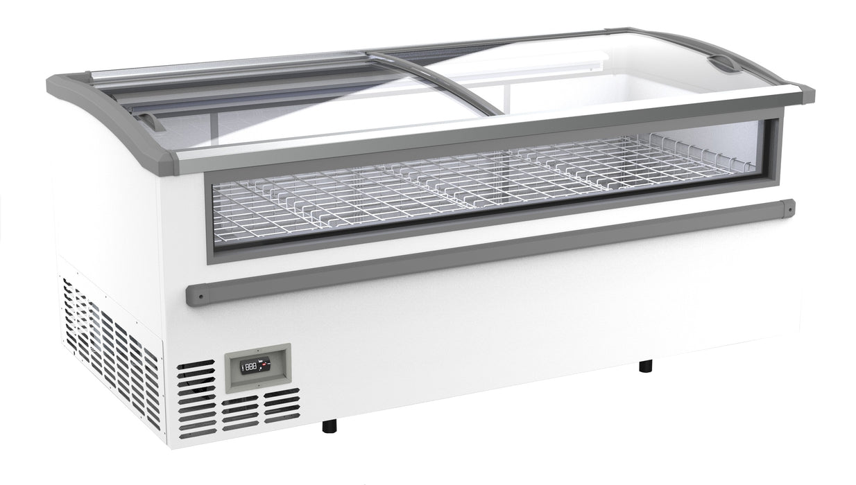 White chest freezer with lid open, showing internal storage capacity