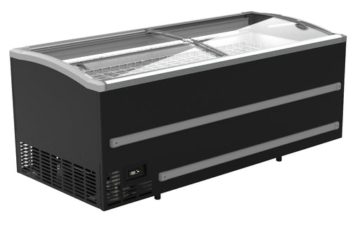 Black Combisteel chest freezer with closed lid and castors