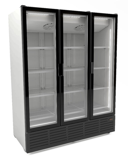 White three door commercial display fridge with glass doors and LED interior lighting