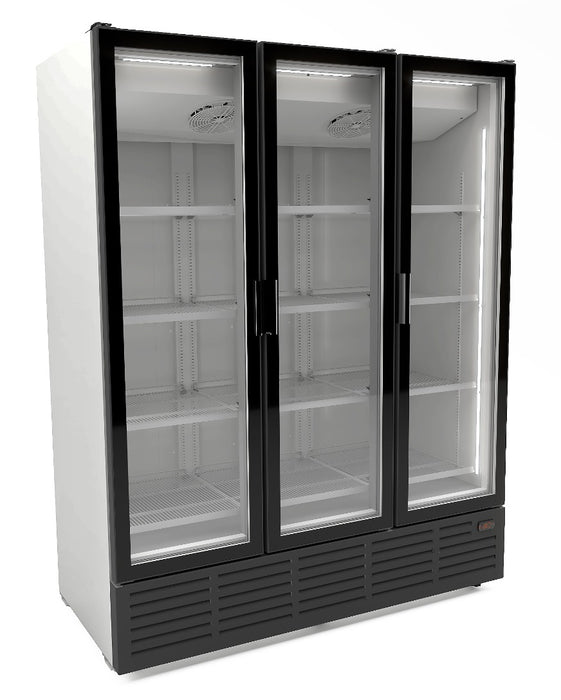 White three door commercial display fridge with glass doors and LED interior lighting