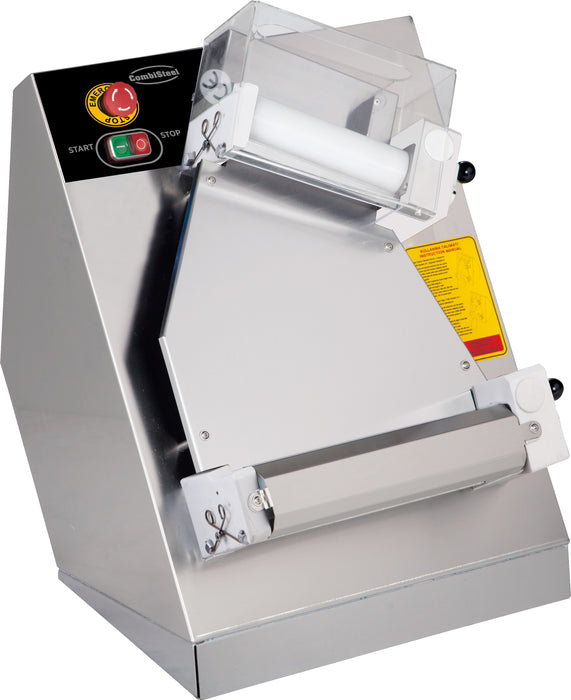Stainless steel dough roller with 300mm roller drum and adjustable thickness control knob