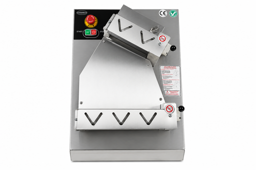 Stainless steel dough roller with 300mm roller drum and adjustable thickness control knob view 2