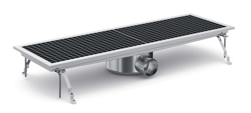 Stainless steel floor grid 927mm wide, 300mm deep with drainage connection