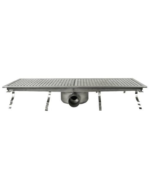 Stainless steel floor grid 927mm wide, 300mm deep with drainage connection view 2