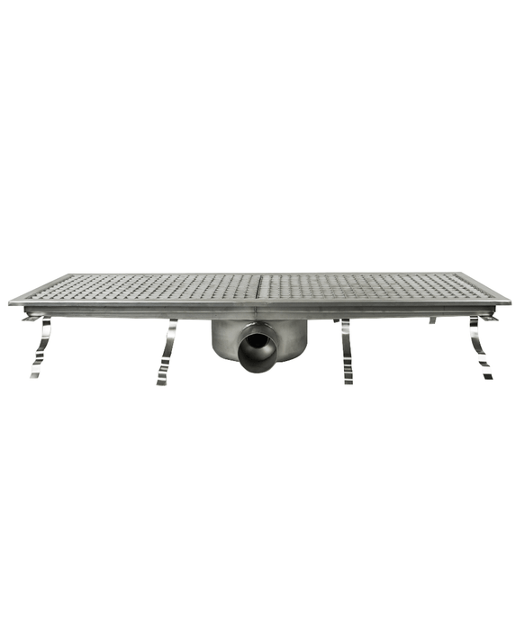 Stainless steel floor grid 927mm wide, 300mm deep with drainage connection view 2
