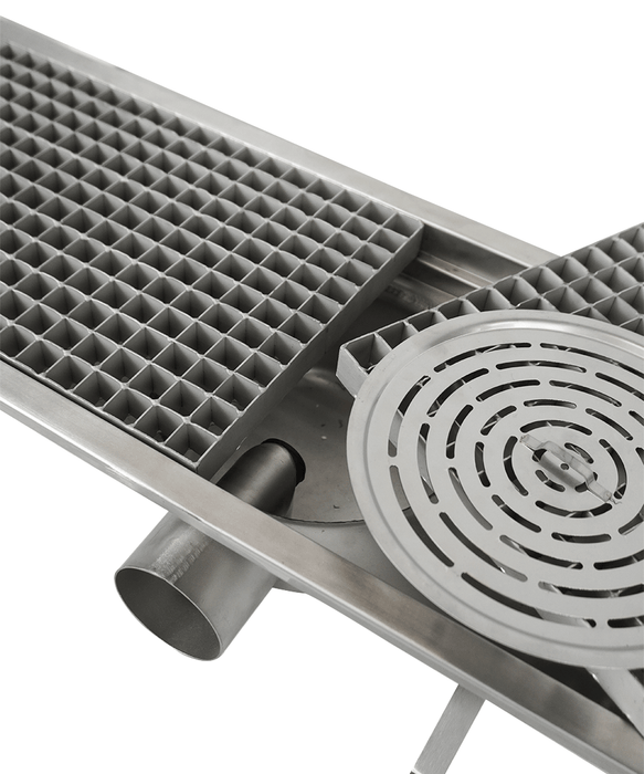 Stainless steel floor grid 927mm wide, 300mm deep with drainage connection view 7