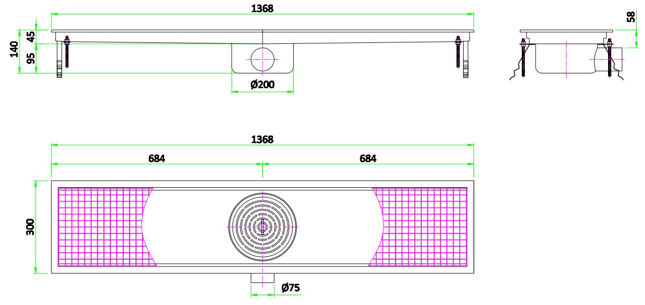 Combisteel stainless steel floor grid 1368mm wide with 75mm drainage connection view 2