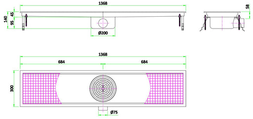 Combisteel stainless steel floor grid 1368mm wide with 75mm drainage connection view 2