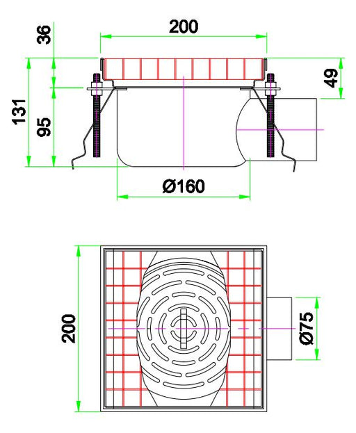 Combisteel GRID 200 stainless steel floor grid, 200x200mm with 75mm drainage connection view 2