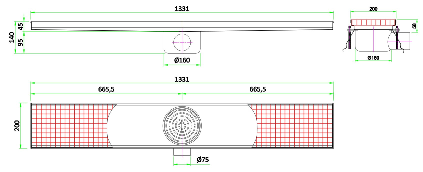 Stainless steel floor grid with drainage connection, 1331mm width view 2