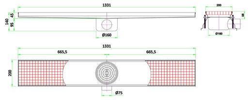 Stainless steel floor grid with drainage connection, 1331mm width view 2
