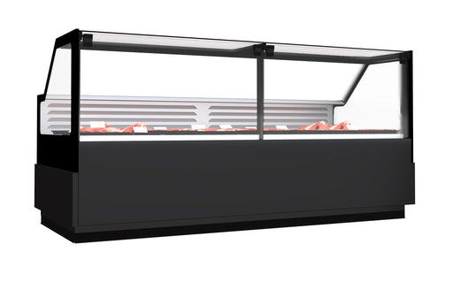 Stainless steel refrigerated meat display case with LED lighting and plate cooling system