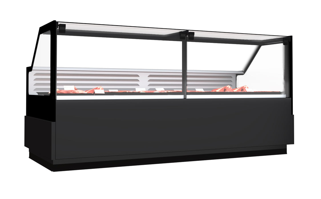 Combisteel freestanding refrigerated meat display case with plate cooling rick