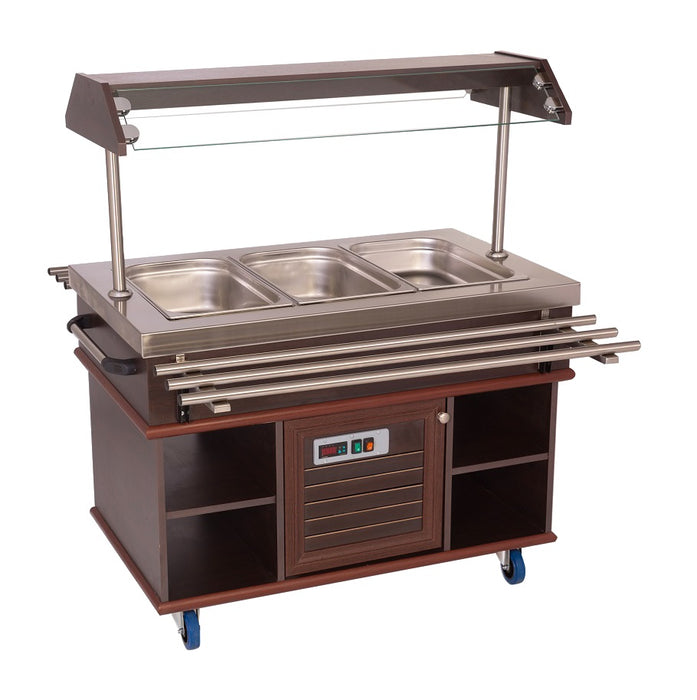 Stainless steel refrigerated buffet display case with three GN 1/1 wells and LED lighting