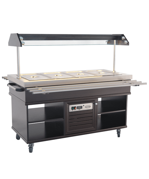 Mahogany stainless steel hot buffet display with LED lighting and four GN container wells