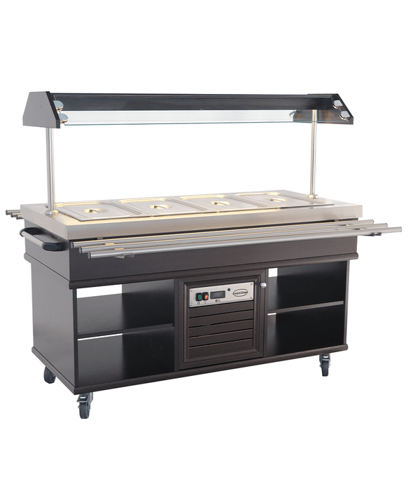 Stainless steel refrigerated buffet display case with LED lighting and four GN 1/1 compartments