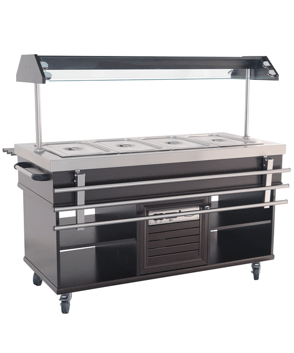 Stainless steel refrigerated buffet display case with LED lighting and four GN 1/1 compartments view 4