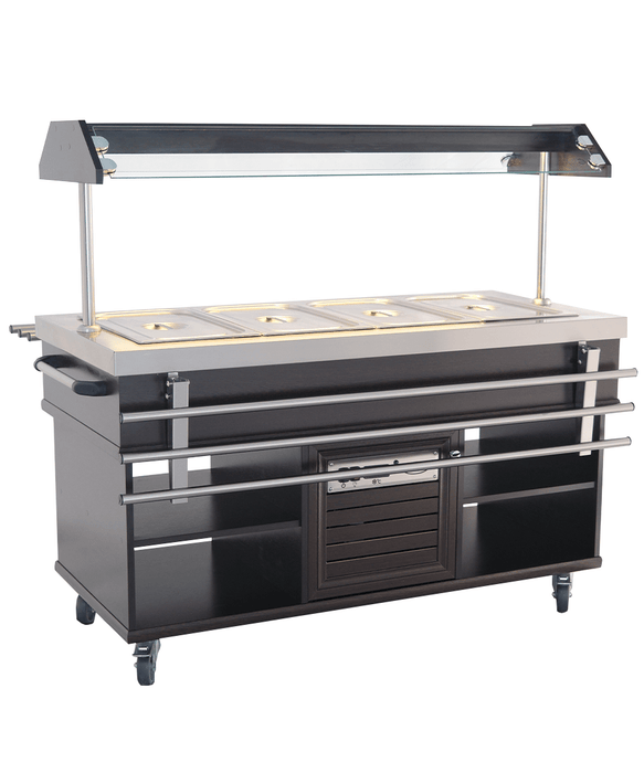 Stainless steel refrigerated buffet display case with LED lighting and four GN 1/1 compartments view 5