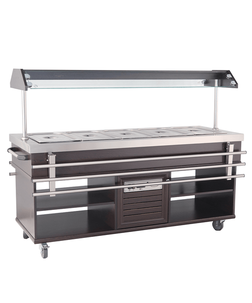 Stainless steel hot buffet display unit with five GN pan spaces and LED lighting