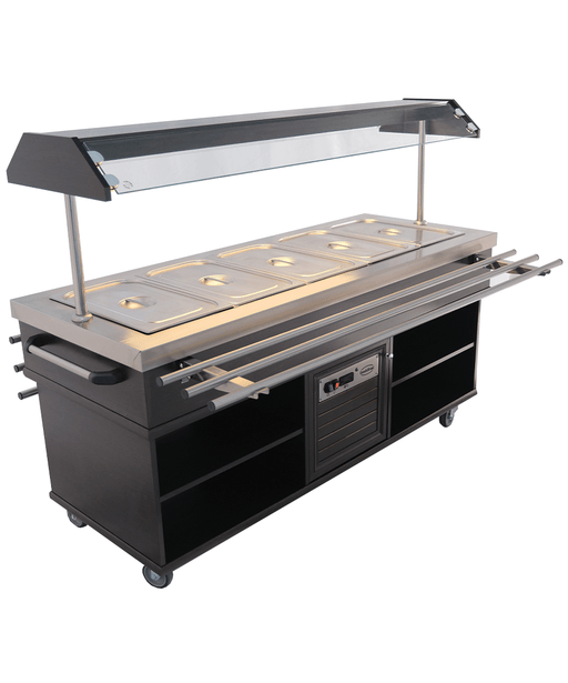 Stainless steel hot buffet display unit with five GN pan spaces and LED lighting view 2