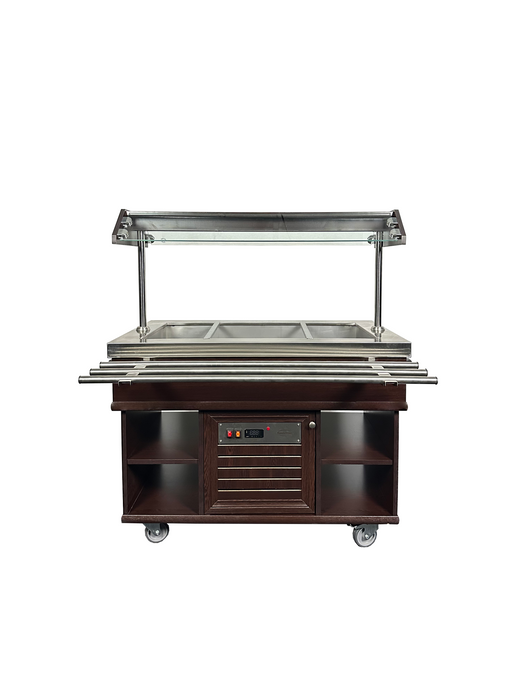 Stainless steel refrigerated buffet display case with three GN 1/1 wells and LED lighting view 2