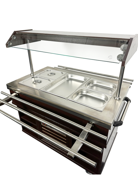 Stainless steel refrigerated buffet display case with three GN 1/1 wells and LED lighting view 4